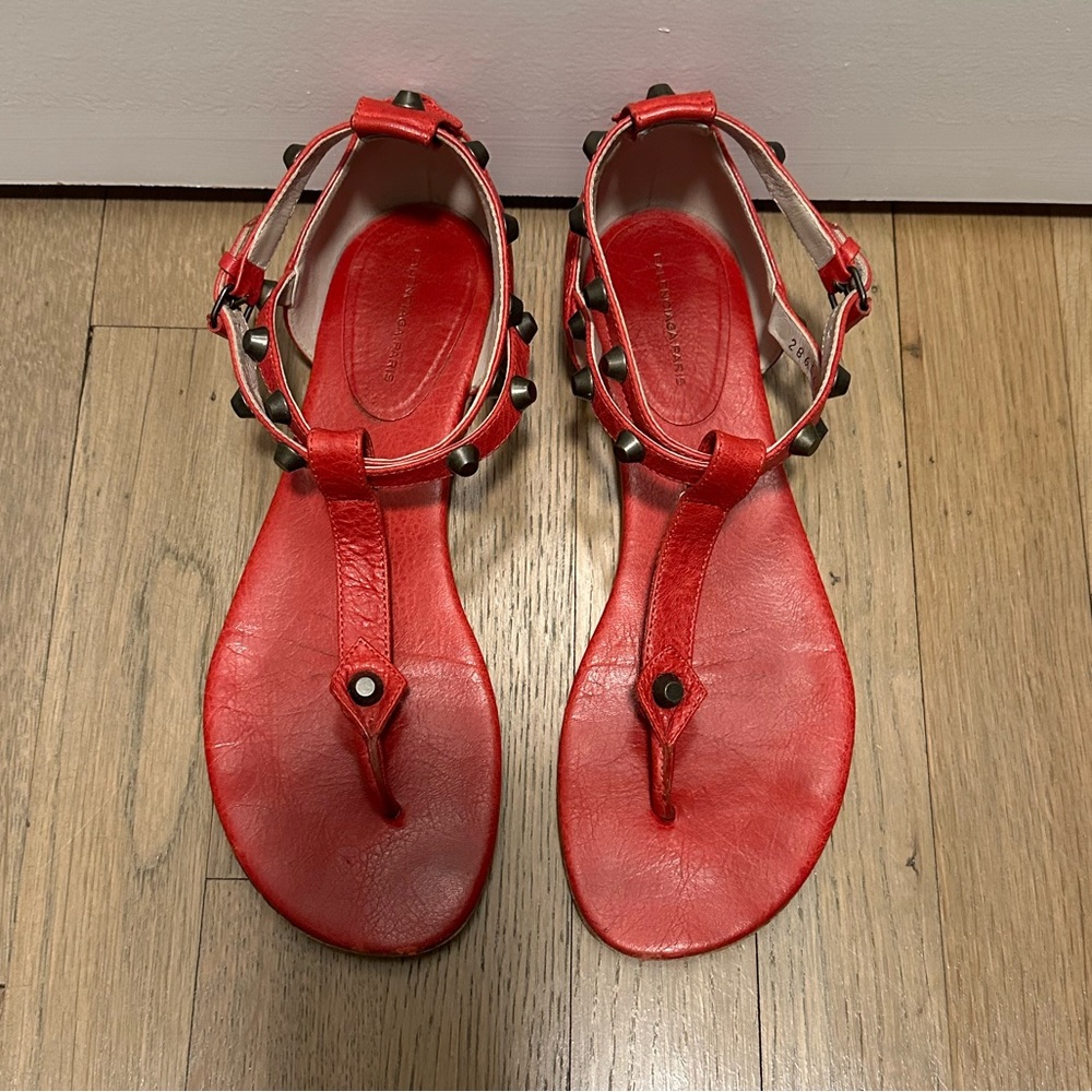 Balenciaga Size 10 Red Studded T Strap Sandal